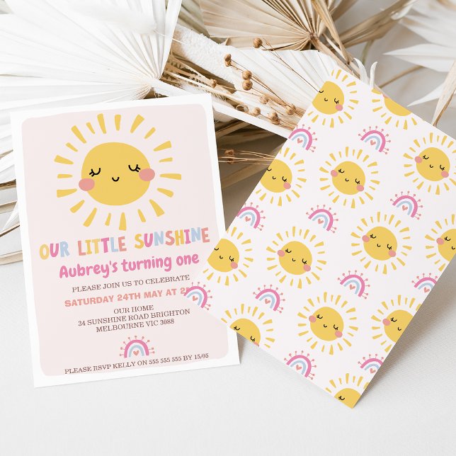 Invitación Multicolores Nuestro Pequeño Sol Primer Cumpleaños (Our Little Sunshine 1st Birthday Invitation, Girl Summer Birthday, Girls Sun First Birthday Party, )