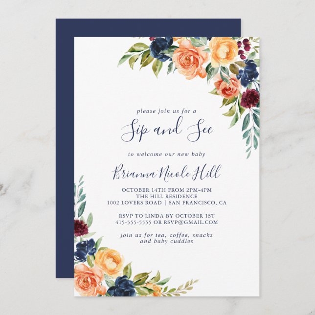 Invitación Multiolor Elegante Floral Sip y Ver (Anverso / Reverso)