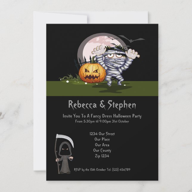 Invitación Mummy y Grim Reaper del partido de Halloween (Anverso)