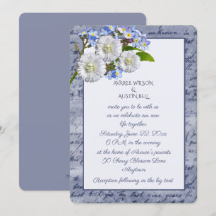 Invitación Mums Blancas y Nomeolvides Azules  Marco Antiguo