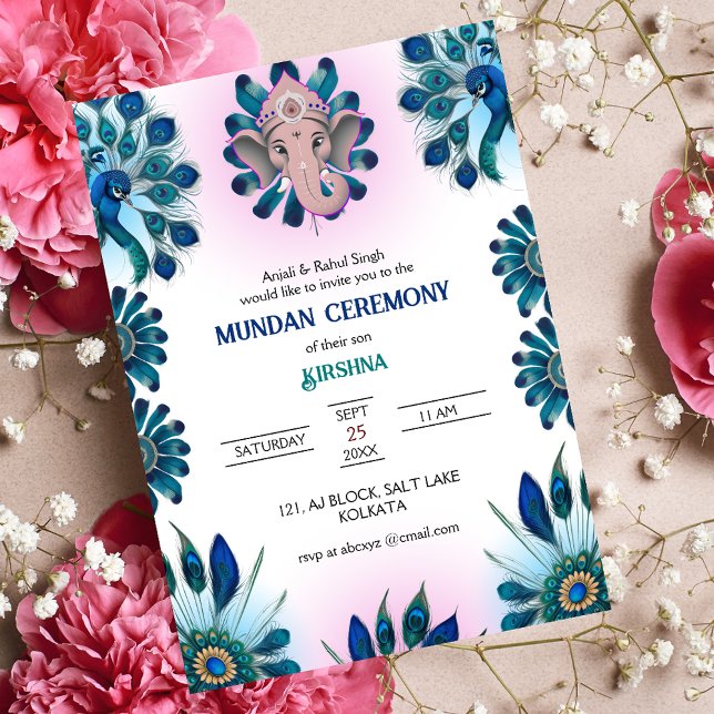 Invitación Mundan Ceremonia Ganesha logo Peacock Design (Subido por el creador)