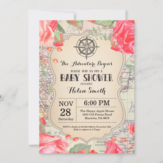 Invitación Mundo floral rojo del viaje del mapa de Baby (Anverso)