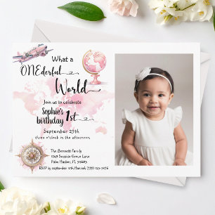 Invitación Mundo ONEderful rosa viaje cumpleaños 1ra foto