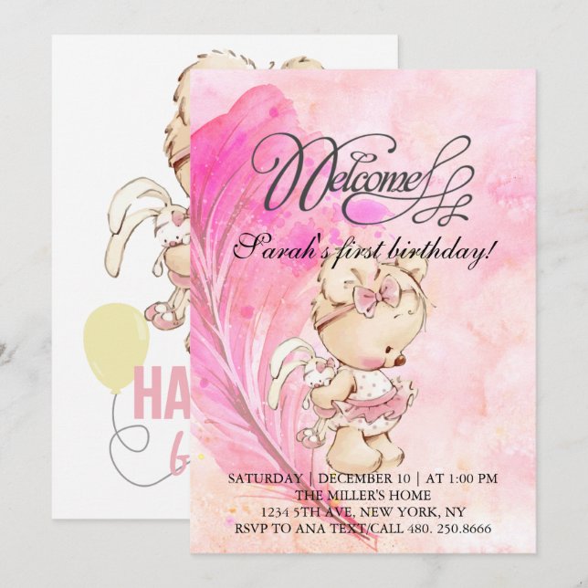 Invitación Mundo rosa con pluma mágica, cumpleaños para chica (Anverso / Reverso)