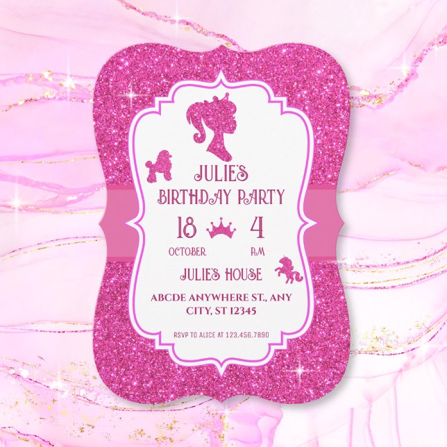 Invitación Muñeca brillo purpurina elegante cumpleaños  (Subido por el creador)