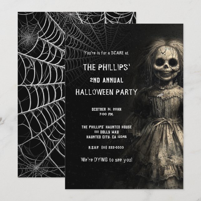 Invitación Muñeca de Esqueleto Embrujado Disfraz de Halloween (Anverso / Reverso)