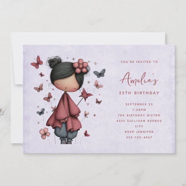 Invitación Muñeca de Hada Caprichosa Cumpleaños Retro Lindo (Anverso)