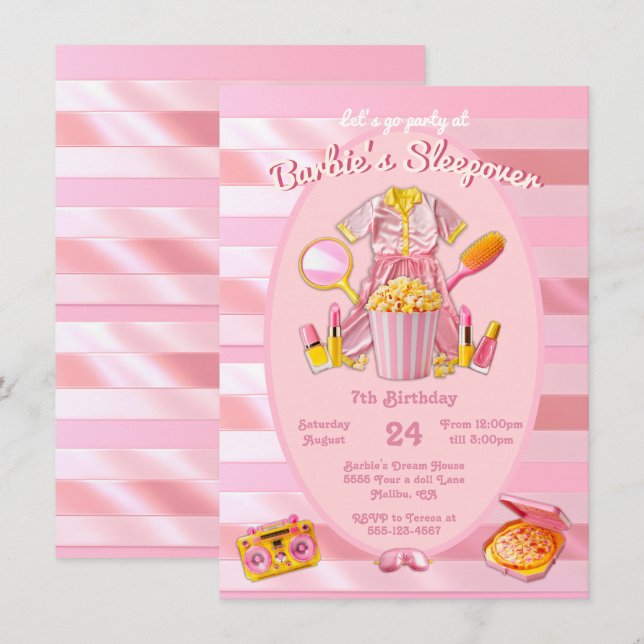Invitación muñeca de juguete rosa Sleepover Slumber Birday Pa (Anverso / Reverso)