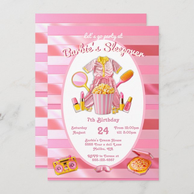 Invitación muñeca de juguete rosa Sleepover Slumber Birday Pa (Anverso / Reverso)