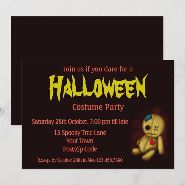 Invitación Muñeca de trapo Voodoo con botones Parche y Alfile (Anverso / Reverso)
