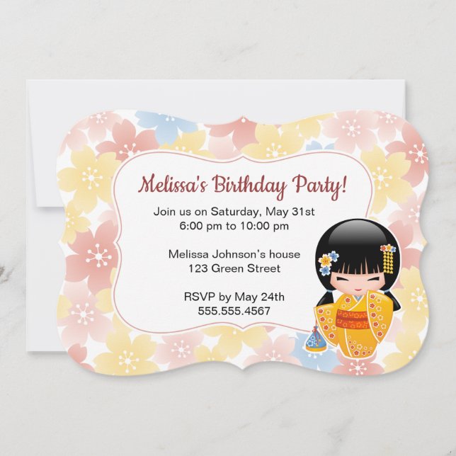 Invitación Muñeca de verano Kokeshi - Fiesta de cumpleaños Cu (Anverso)