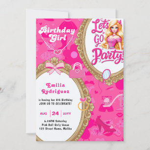 Invitación Muñeca Girly rosa Retro Vamos Fiesta Cumpleaños