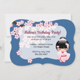 Invitación Muñeca Kokeshi de Kimono Rosa Cumpleaños Azul