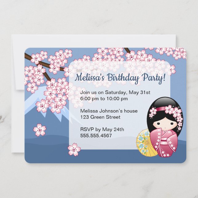 Invitación Muñeca Kokeshi de primavera - Fiesta de cumpleaños (Anverso)