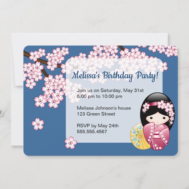 Invitación Muñeca Kokeshi de primavera - Fiesta de cumpleaños (Anverso)