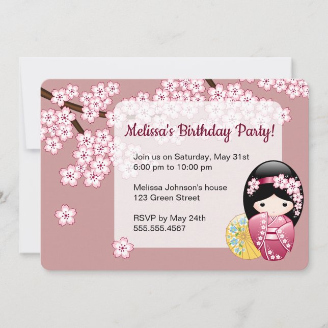 Invitación Muñeca Kokeshi de primavera - Fiesta de cumpleaños (Anverso)