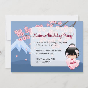 Invitación Muñeca kokeshi kimono blanca - Fiesta de cumpleaño