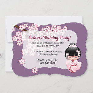 Invitación Muñeca kokeshi kimono blanca - Fiesta de cumpleaño