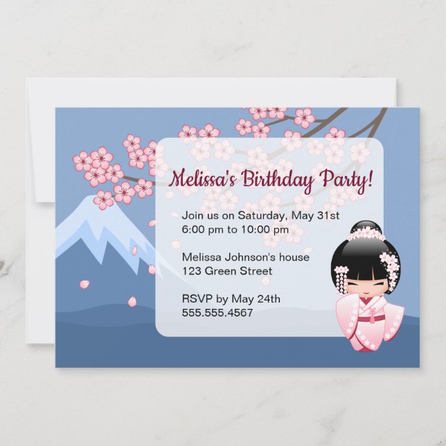 Invitación Muñeca Kokeshi Kimono Rosa Montaña Azul  (Anverso)