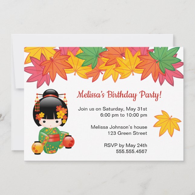 Invitación Muñeca Kokeshi otoño - Fiesta de cumpleaños del Ch (Anverso)