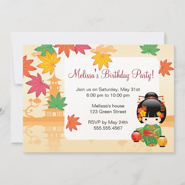 Invitación Muñeca Kokeshi otoño - Partido de cumpleaños de Ki (Anverso)