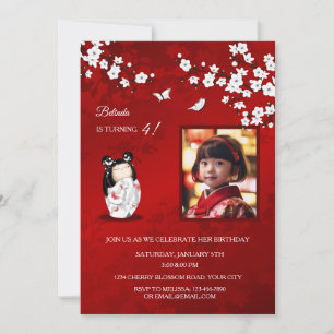 Invitación Muñeca Kokeshi Roja Blanca   Foto Cumpleaños Niña