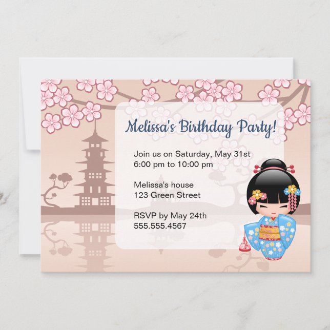 Invitación Muñeca Maiko Kokeshi - Fiesta de cumpleaños Cute G (Anverso)