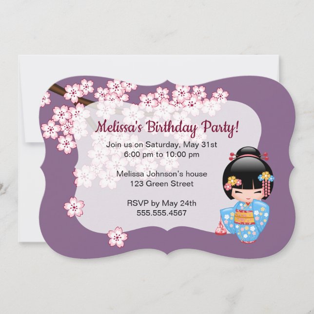 Invitación Muñeca Maiko Kokeshi - Fiesta de cumpleaños Cute G (Anverso)