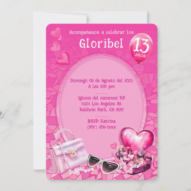 Invitación Muñeca Personalizada y el cumpleaños Rosa (Anverso)
