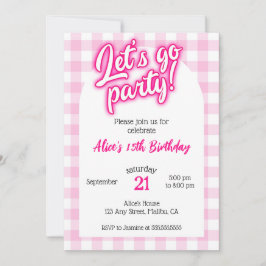 Invitación Muñeca rosa Malibu Gingham Vamos Fiesta Cumpleaños