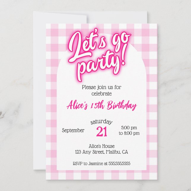 Invitación Muñeca rosa Malibu Gingham Vamos Fiesta Cumpleaños (Anverso)