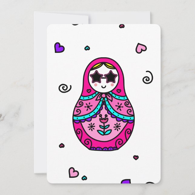 Invitación muñeca rusa rosa kawaii (Anverso)