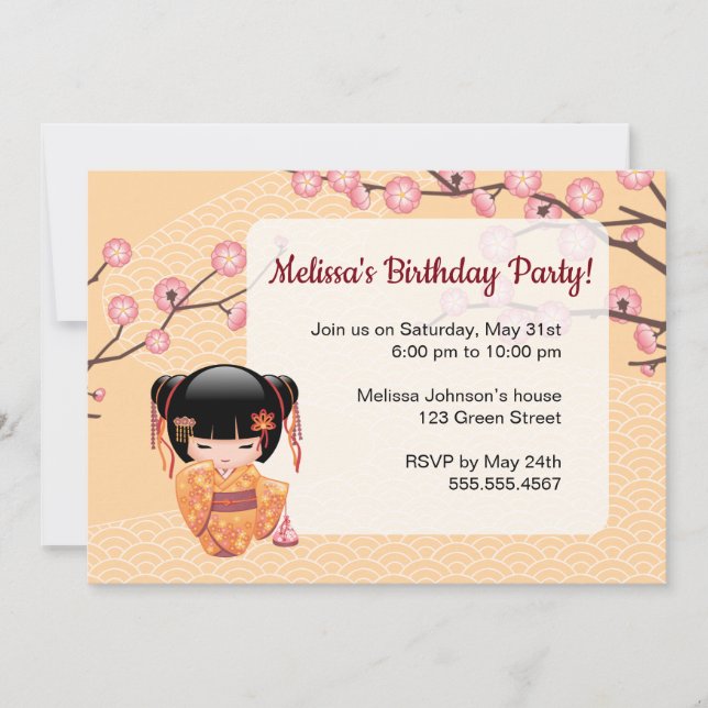 Invitación Muñeca Ume Kokeshi - Fiesta de cumpleaños Geisha j (Anverso)