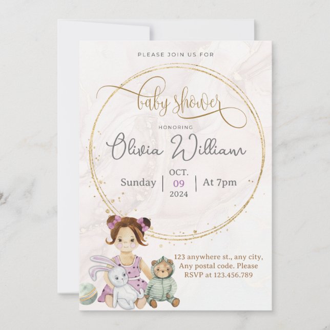 Invitación Muñeca y juguetes para bebés (Anverso)