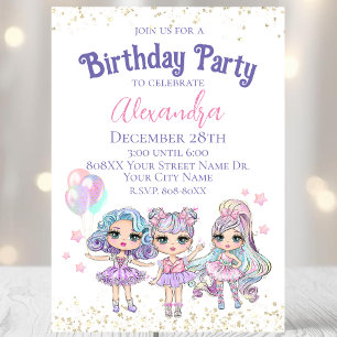 Invitación Muñecas Brillo Niña Bonita Cumpleaños