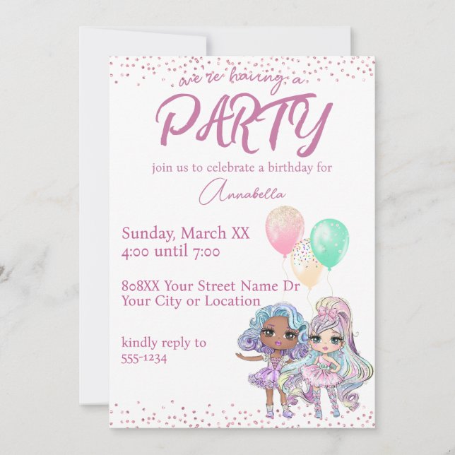 Invitación Muñecas Chicas Purpurinas con globos (Anverso)
