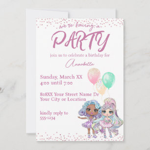 Invitación Muñecas Chicas Purpurinas con globos