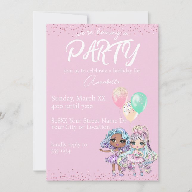 Invitación Muñecas Chicas Purpurinas con globos en rosa (Anverso)