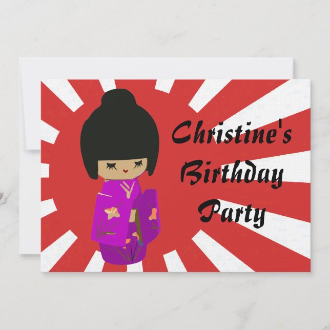 Invitación Muñecas rosadas Kawaii Kokeshi sobre el sol nacien (Anverso)
