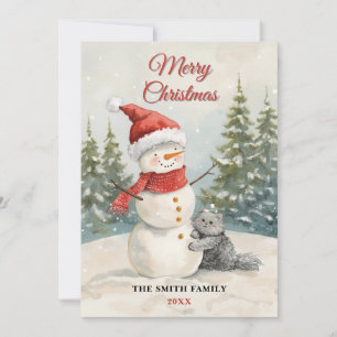 Invitación Muñeco de nieve acuarela Gato lindo Fiesta Navidad