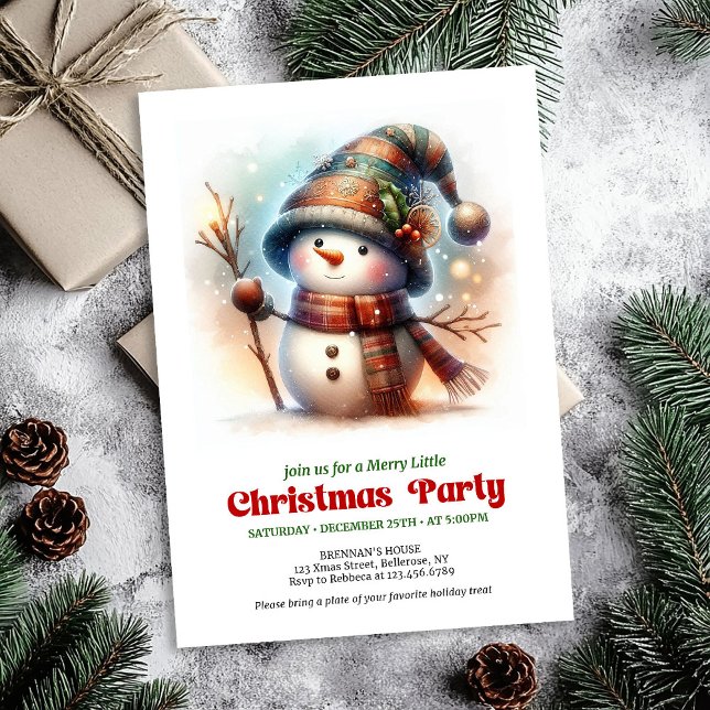 Invitación Muñeco de nieve de dibujos animados nostálgicos in (Nostalgic cartoon snowman invite festive charm printable

)