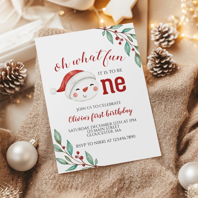 Invitación Muñeco de Nieve de Navidad Holly Primer Cumpleaños (Subido por el creador)