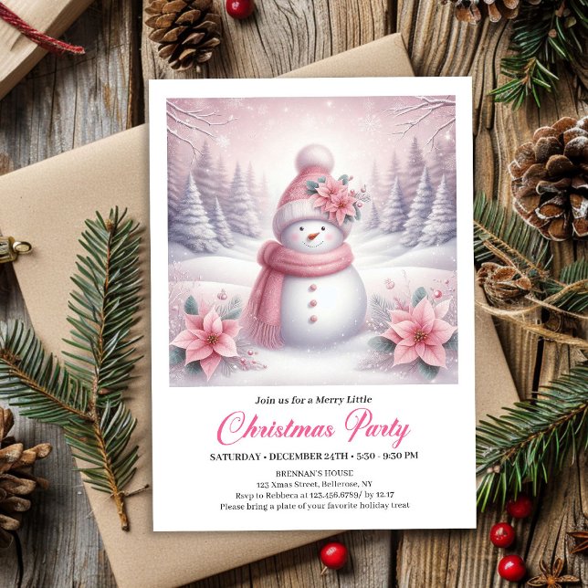Invitación Muñeco de Nieve Rosa Caprichoso Editable Navidad N (Whimsical Pink Snowman Editable Christmas Kids Invite File)