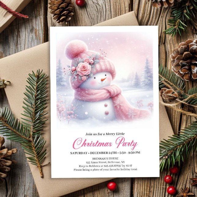Invitación Muñeco de Nieve Rosa Juguetón Editable Navidad Niñ (Playful Pink Snowman Editable Kids Christmas Invite File)
