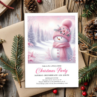 Invitación Muñeco de Nieve Rosa Precioso Editable Navidad Niñ