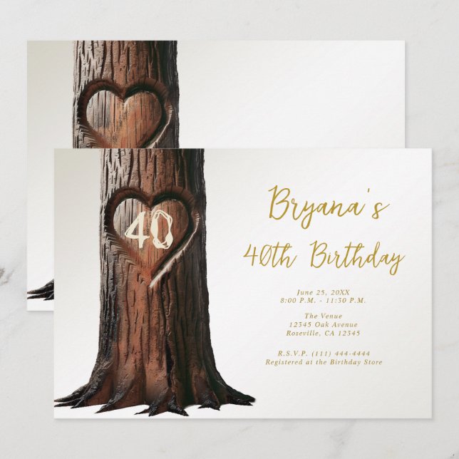 Invitación Muñón de árbol de corazón tallado Cumpleaños rústi (Anverso / Reverso)