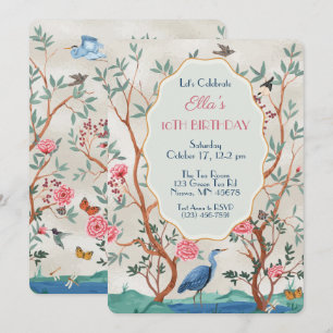Invitación Mural de Chinoiserie con Garza sobre Hoja Falsa