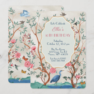 Invitación Mural de Chinoiserie con Garza sobre Hoja Falsa
