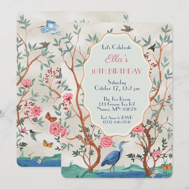 Invitación Mural de Chinoiserie con Garza sobre Hoja Falsa (Anverso / Reverso)