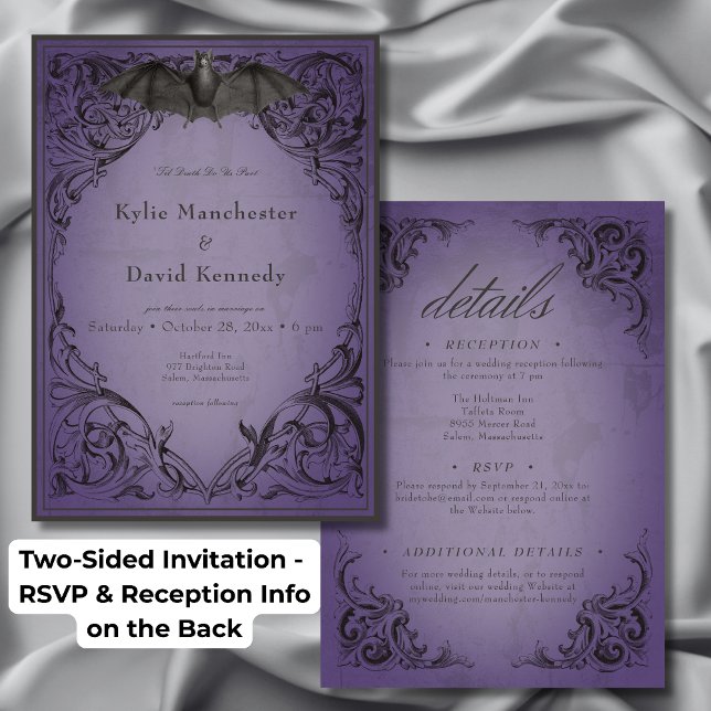 Invitación Muralla de época hasta la muerte Boda púrpura de d (Vintage Bat Until Death Purple Wedding Two Sided Invitation)